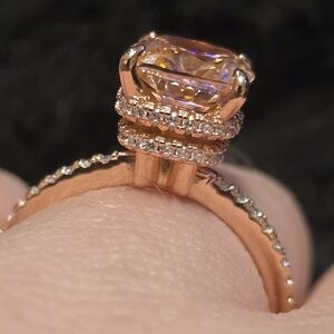 S925 Rose Gold Peachy Pink Stone Cushion Cut Engagement Ring W/ Double Halo SET